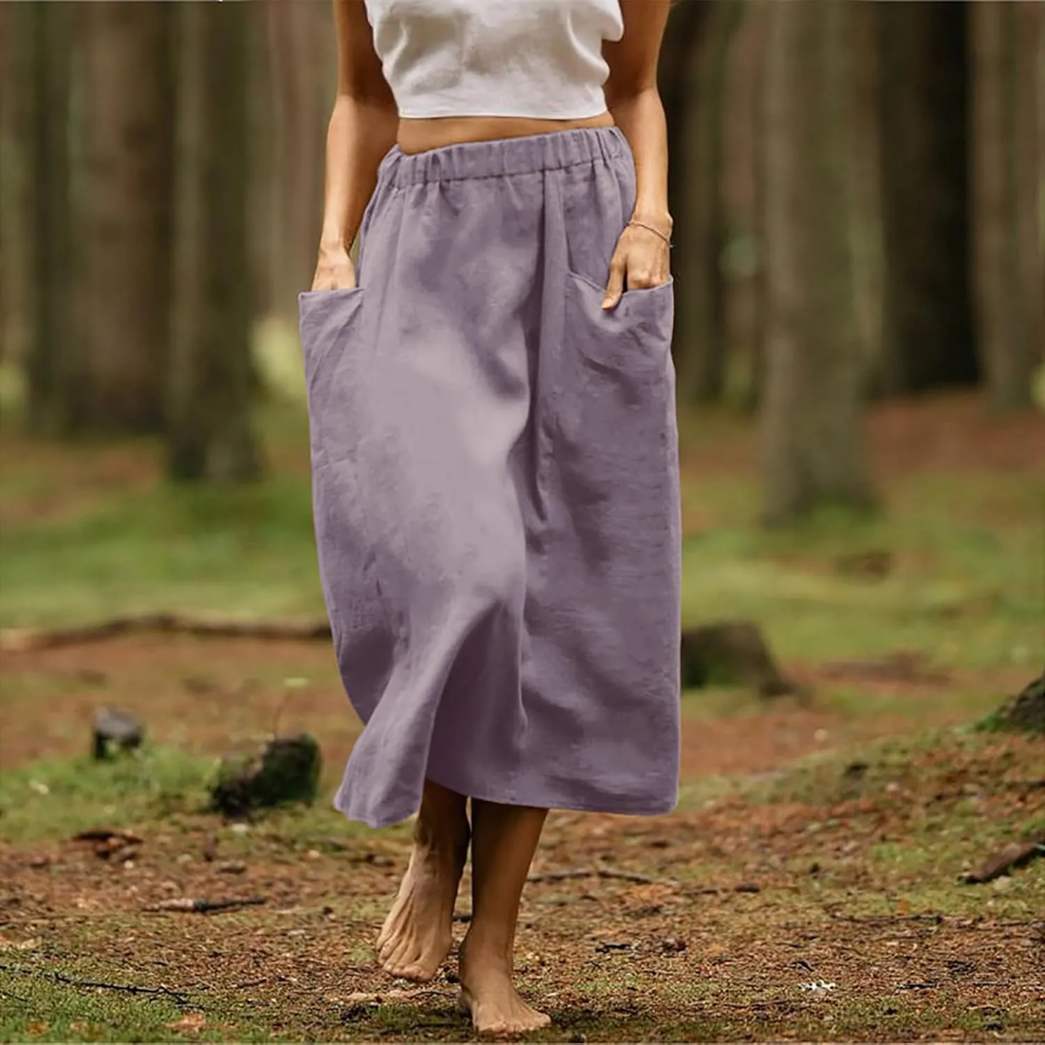 Skirt for Women Fall Casual High Waist Pleated A-Line Skirts Midi Long Length Cotton Linne Skirt with Pockets