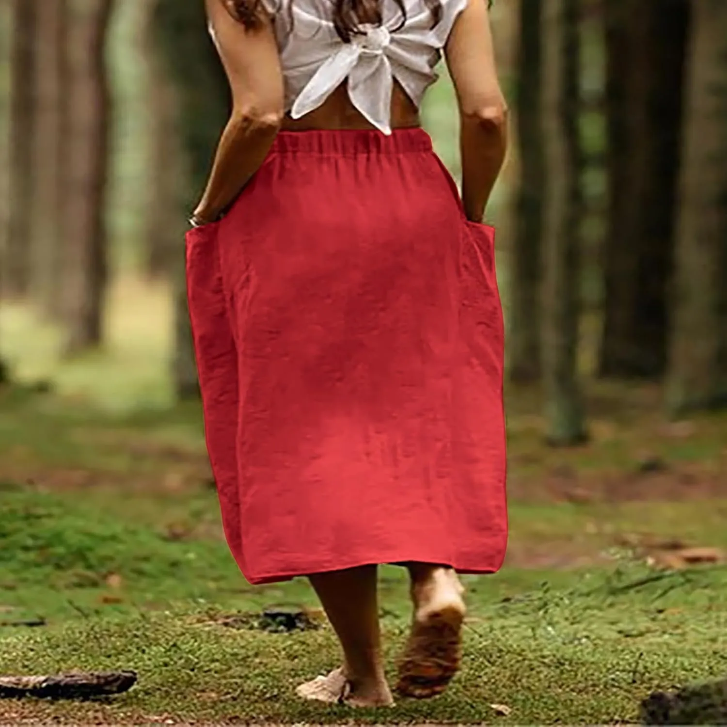 Skirt for Women Fall Casual High Waist Pleated A-Line Skirts Midi Long Length Cotton Linne Skirt with Pockets