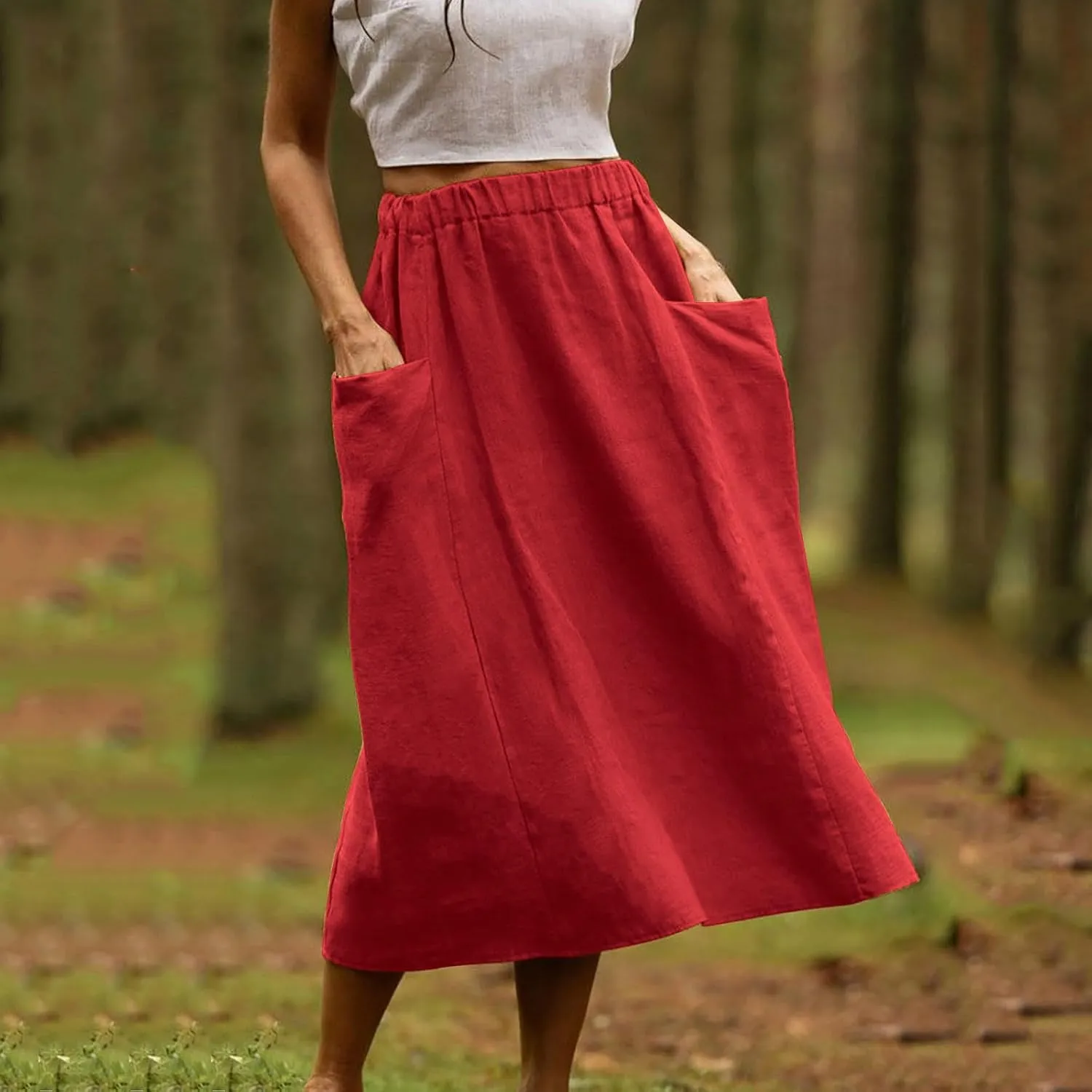 Skirt for Women Fall Casual High Waist Pleated A-Line Skirts Midi Long Length Cotton Linne Skirt with Pockets
