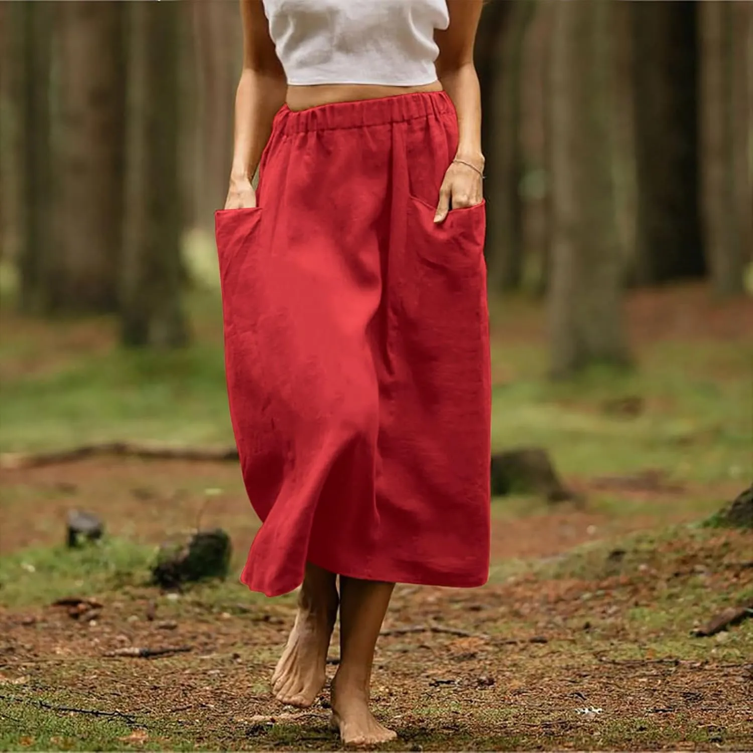 Skirt for Women Fall Casual High Waist Pleated A-Line Skirts Midi Long Length Cotton Linne Skirt with Pockets