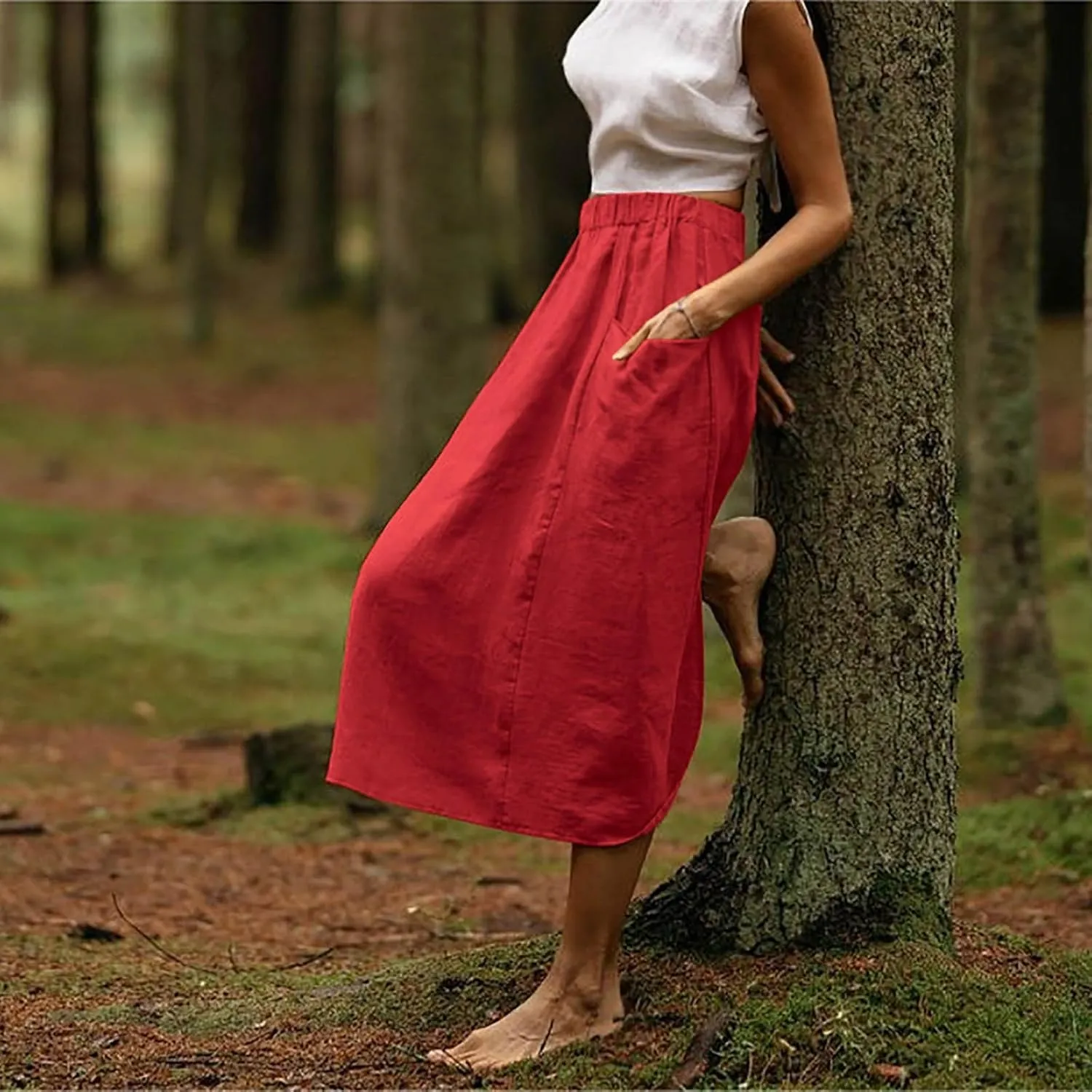 Skirt for Women Fall Casual High Waist Pleated A-Line Skirts Midi Long Length Cotton Linne Skirt with Pockets