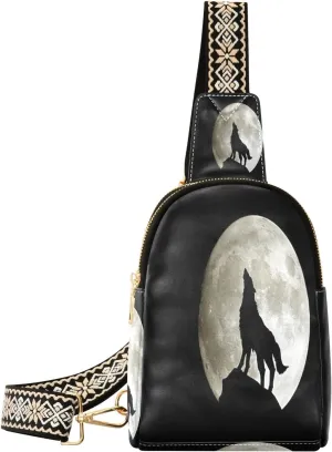 Small Sling Bag Waist Packs Leather Crossbody Packs Chest Bag Moon Light Wolf for Women Travel Belt Purse