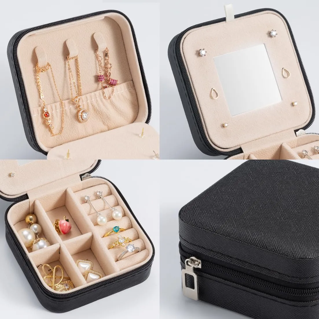 Small Travel Jewelry Case, To Go Portable Jewelry Box, Travel Jewelry Organizer,Portable Jewellery Storage Holder for Rings Earrings Necklace, Gifts for Girls Women with Mirror -Black