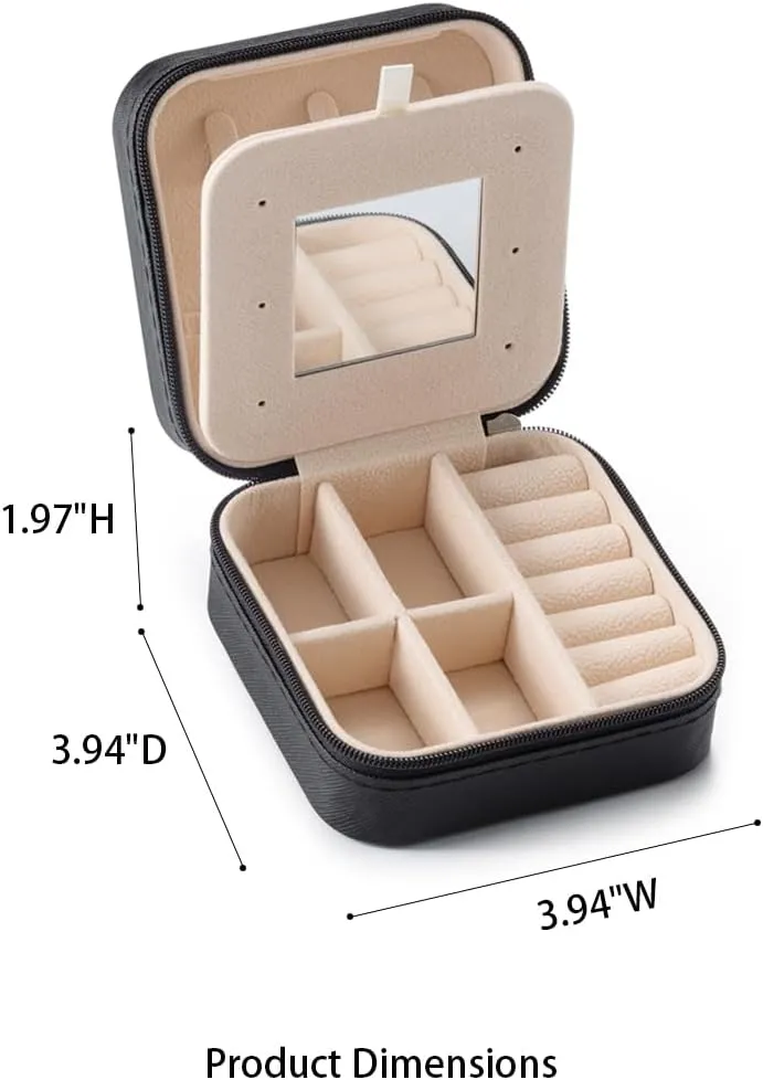 Small Travel Jewelry Case, To Go Portable Jewelry Box, Travel Jewelry Organizer,Portable Jewellery Storage Holder for Rings Earrings Necklace, Gifts for Girls Women with Mirror -Black