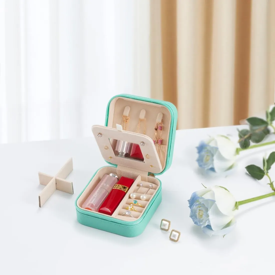 Small Travel Jewelry Case, To Go Portable Jewelry Box, Travel Jewelry Organizer,Portable Jewellery Storage Holder for Rings Earrings Necklace, Gifts for Girls Women with Mirror -Blue