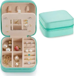 Small Travel Jewelry Case, To Go Portable Jewelry Box, Travel Jewelry Organizer,Portable Jewellery Storage Holder for Rings Earrings Necklace, Gifts for Girls Women with Mirror -Blue