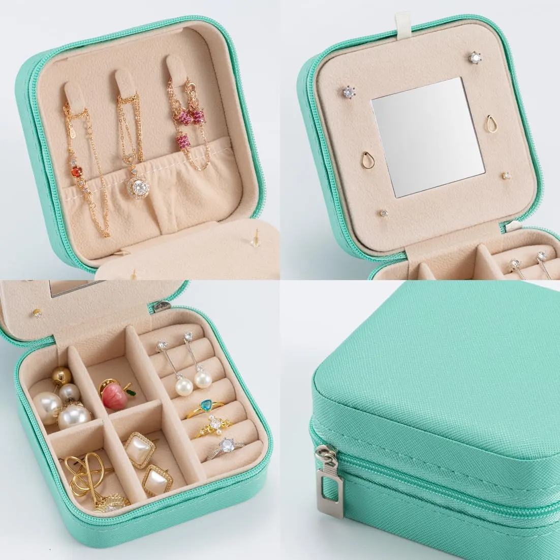 Small Travel Jewelry Case, To Go Portable Jewelry Box, Travel Jewelry Organizer,Portable Jewellery Storage Holder for Rings Earrings Necklace, Gifts for Girls Women with Mirror -Blue