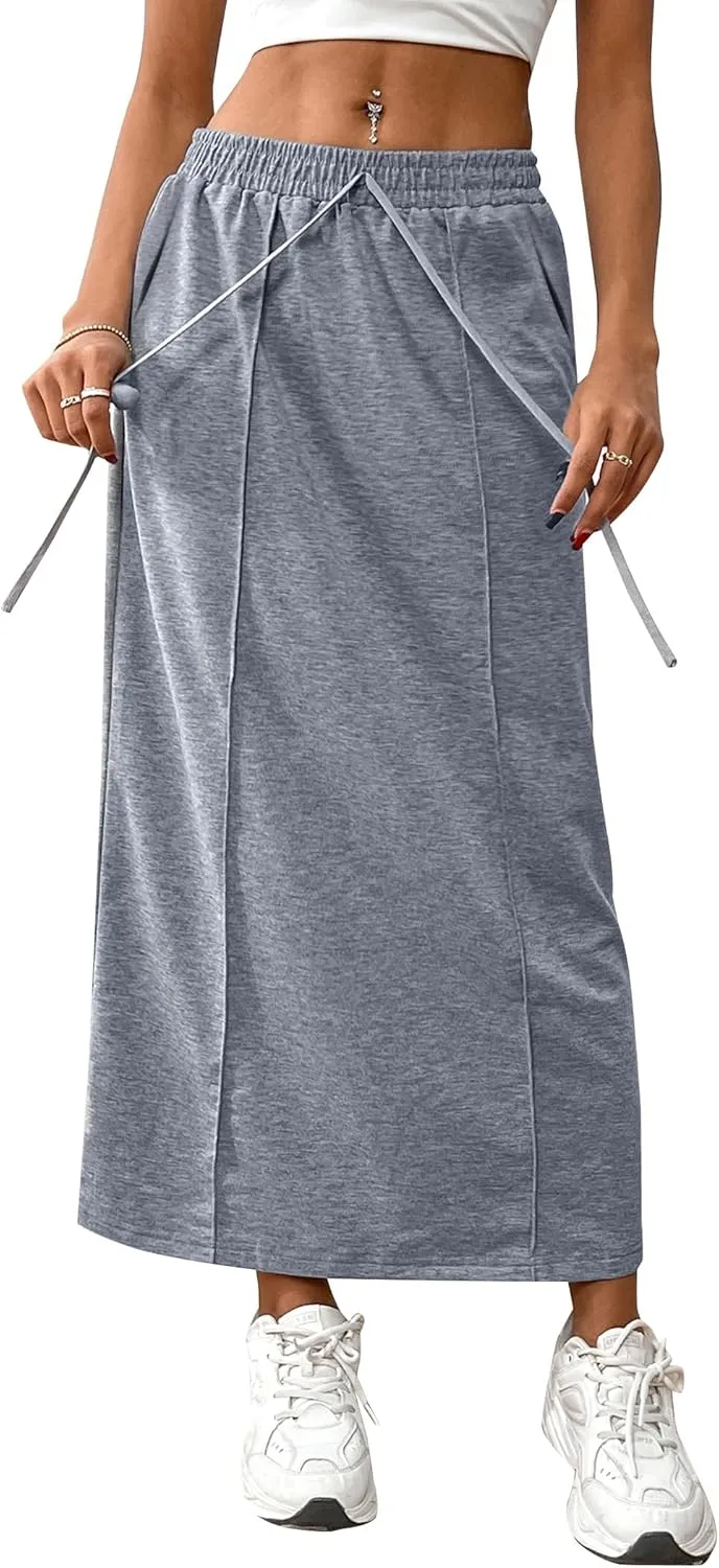 SOFIA'S CHOICE Women's Drawstring Midi Skirts High Elastic Waist Skirt