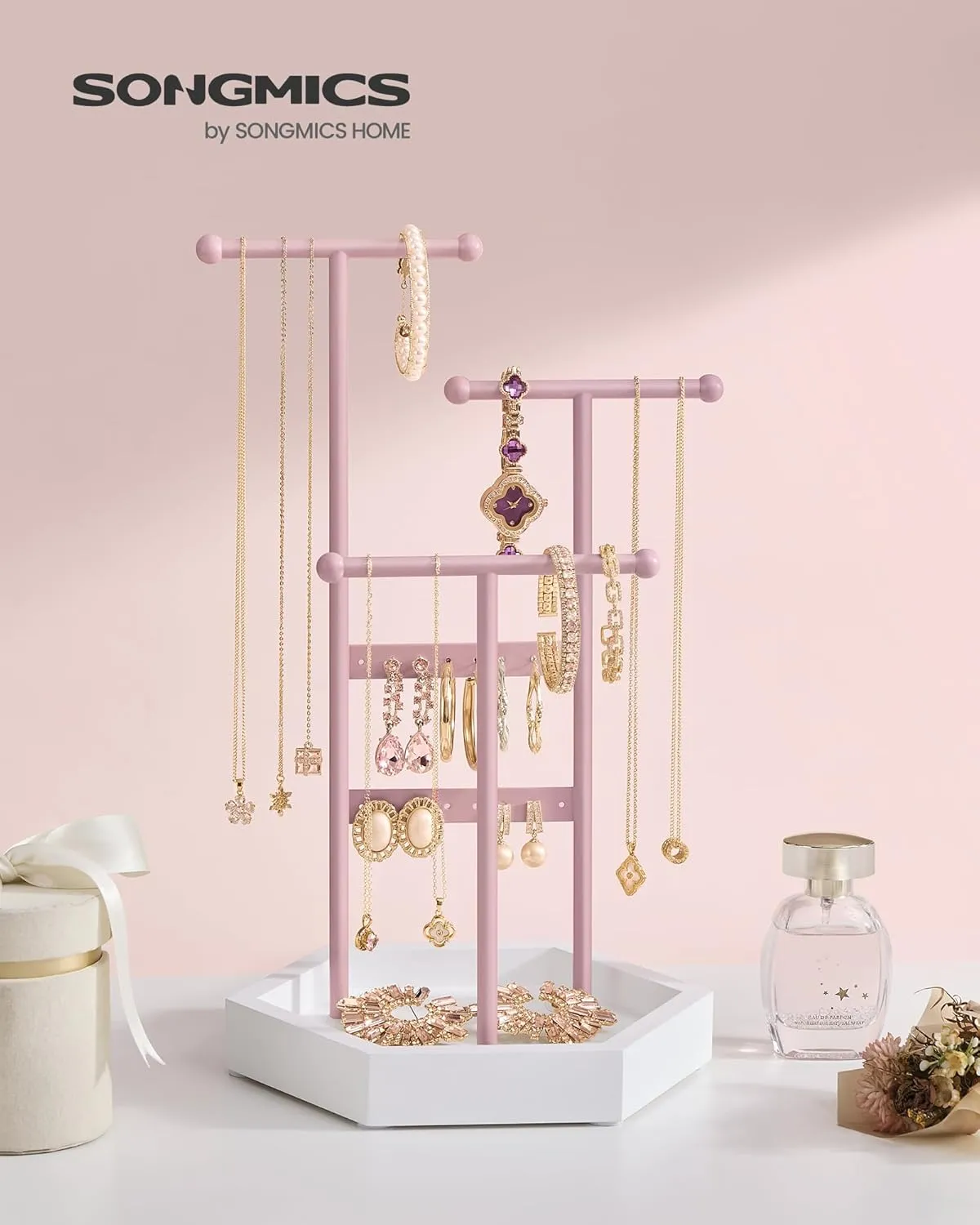 SONGMICS Jewelry Holder, Jewelry Organizer, 3 Tiers and 1 Tray, Jewelry Display Stand with Metal Frame, Necklace Earring Bracelet Holder, for Rings, Jelly Pink and Cloud White UJJS003R01