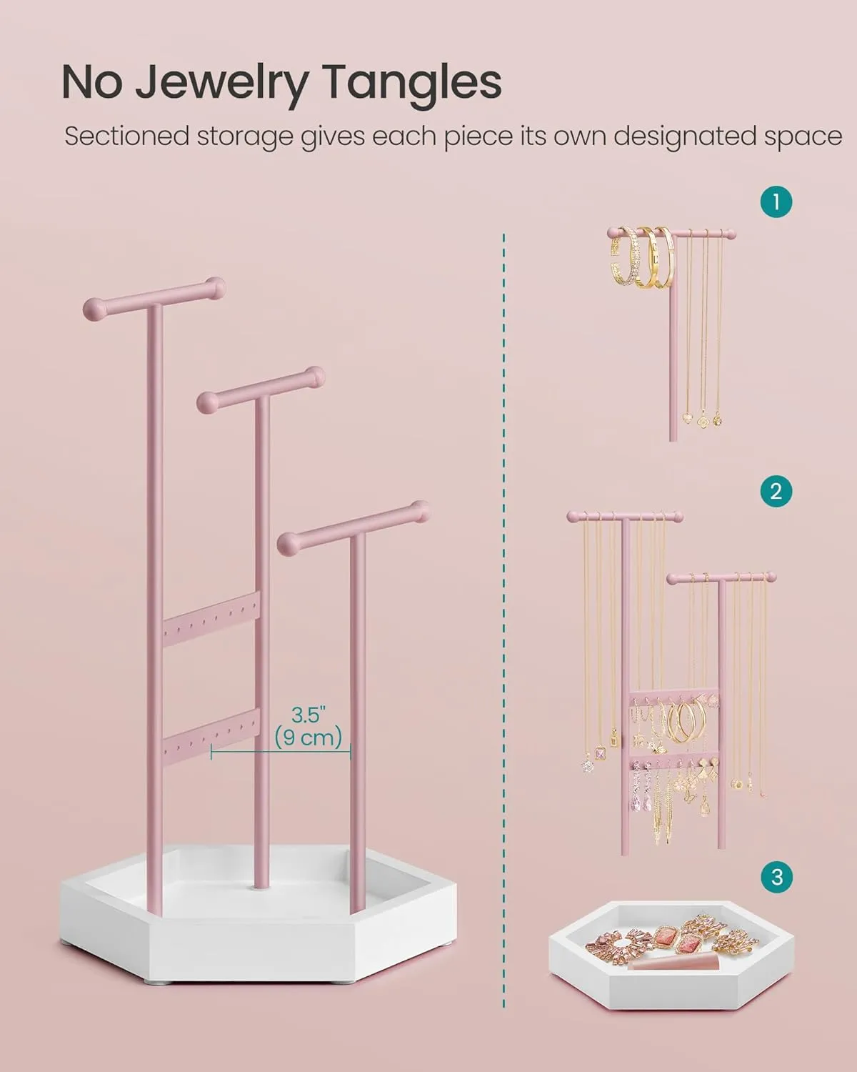 SONGMICS Jewelry Holder, Jewelry Organizer, 3 Tiers and 1 Tray, Jewelry Display Stand with Metal Frame, Necklace Earring Bracelet Holder, for Rings, Jelly Pink and Cloud White UJJS003R01