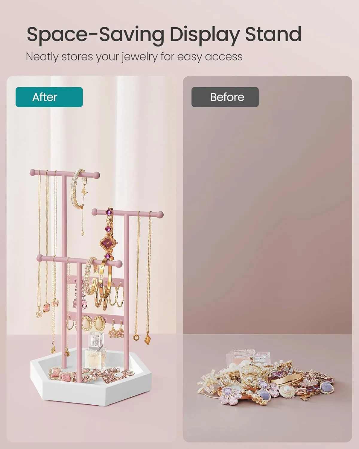 SONGMICS Jewelry Holder, Jewelry Organizer, 3 Tiers and 1 Tray, Jewelry Display Stand with Metal Frame, Necklace Earring Bracelet Holder, for Rings, Jelly Pink and Cloud White UJJS003R01