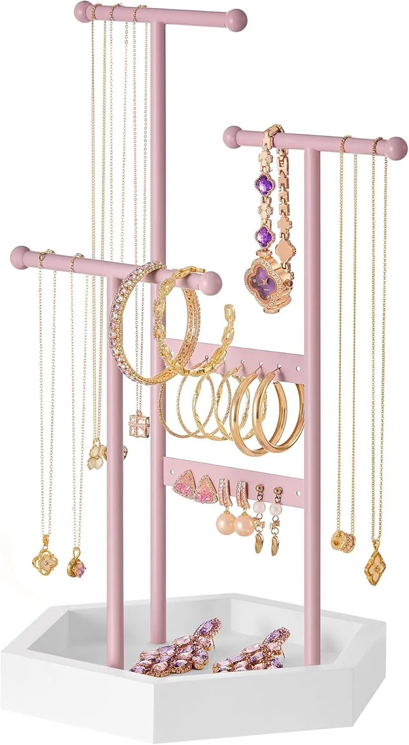 SONGMICS Jewelry Holder, Jewelry Organizer, 3 Tiers and 1 Tray, Jewelry Display Stand with Metal Frame, Necklace Earring Bracelet Holder, for Rings, Jelly Pink and Cloud White UJJS003R01