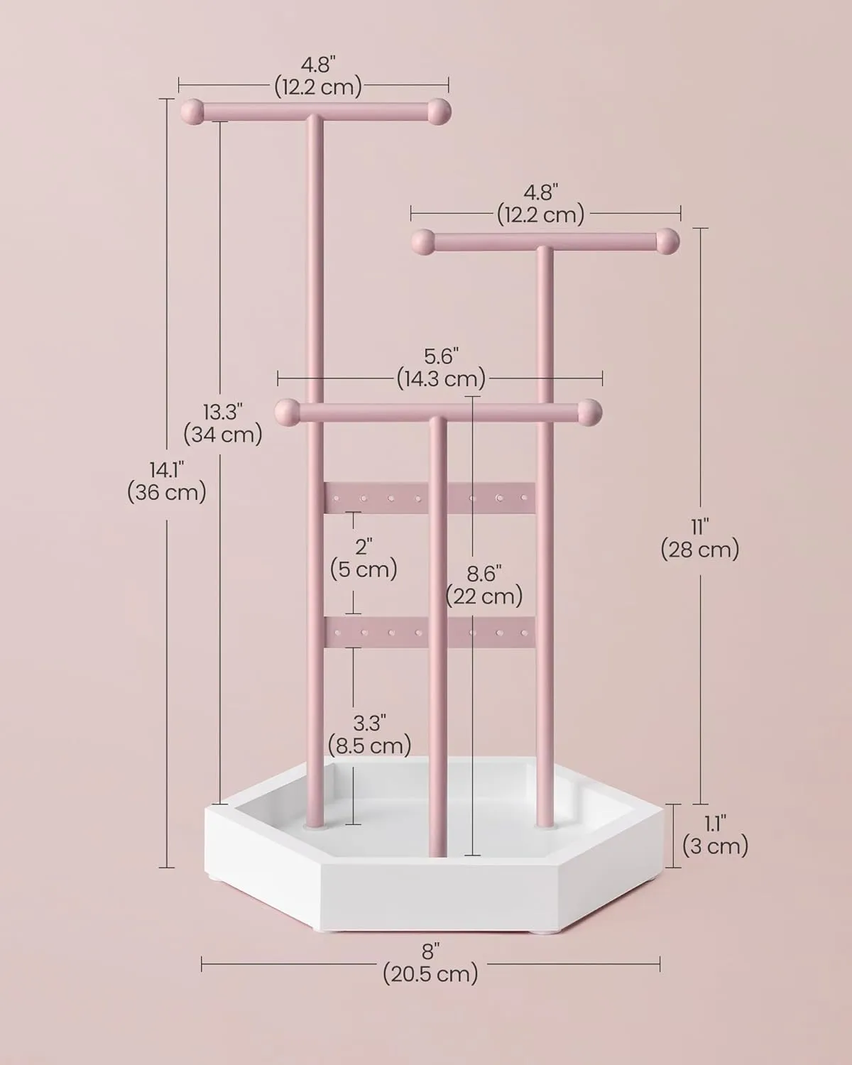 SONGMICS Jewelry Holder, Jewelry Organizer, 3 Tiers and 1 Tray, Jewelry Display Stand with Metal Frame, Necklace Earring Bracelet Holder, for Rings, Jelly Pink and Cloud White UJJS003R01