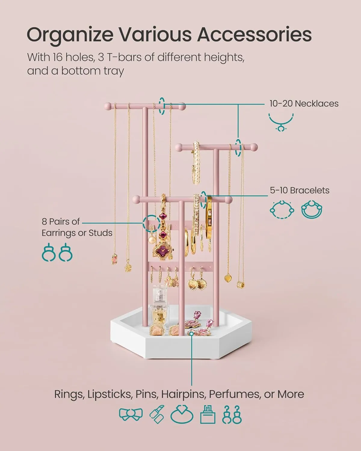 SONGMICS Jewelry Holder, Jewelry Organizer, 3 Tiers and 1 Tray, Jewelry Display Stand with Metal Frame, Necklace Earring Bracelet Holder, for Rings, Jelly Pink and Cloud White UJJS003R01