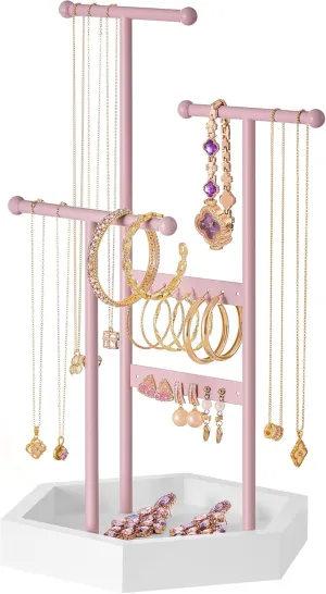 SONGMICS Jewelry Holder, Jewelry Organizer, 3 Tiers and 1 Tray, Jewelry Display Stand with Metal Frame, Necklace Earring Bracelet Holder, for Rings, Jelly Pink and Cloud White UJJS003R01