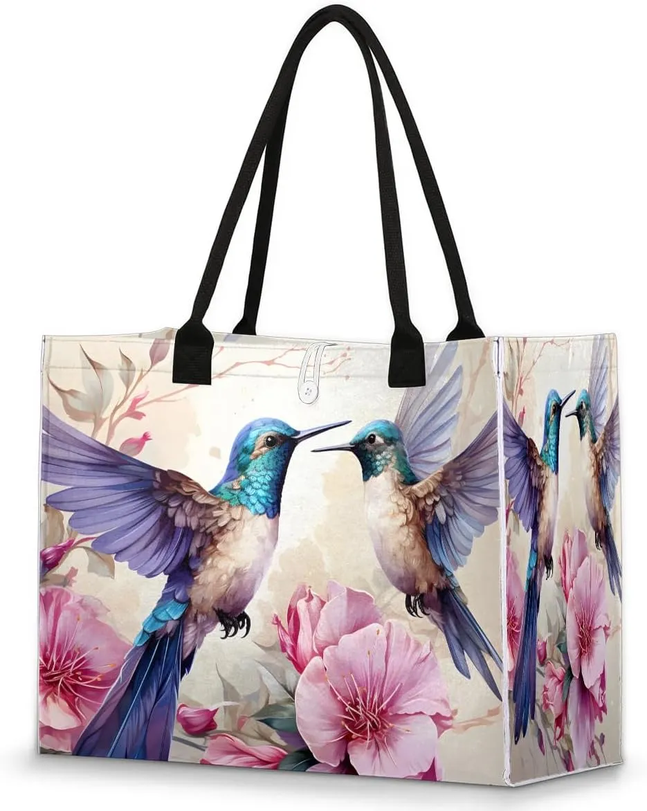 Spring Flower Hummingbird Beach Tote Bag Large Tote Bag for Women, Grocery Bags Beach Bag with Zipper, Reusable Shopping Shoulder Bag Teacher Tote Bags for Work, Travel