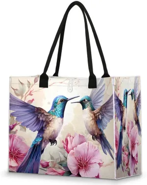 Spring Flower Hummingbird Beach Tote Bag Large Tote Bag for Women, Grocery Bags Beach Bag with Zipper, Reusable Shopping Shoulder Bag Teacher Tote Bags for Work, Travel