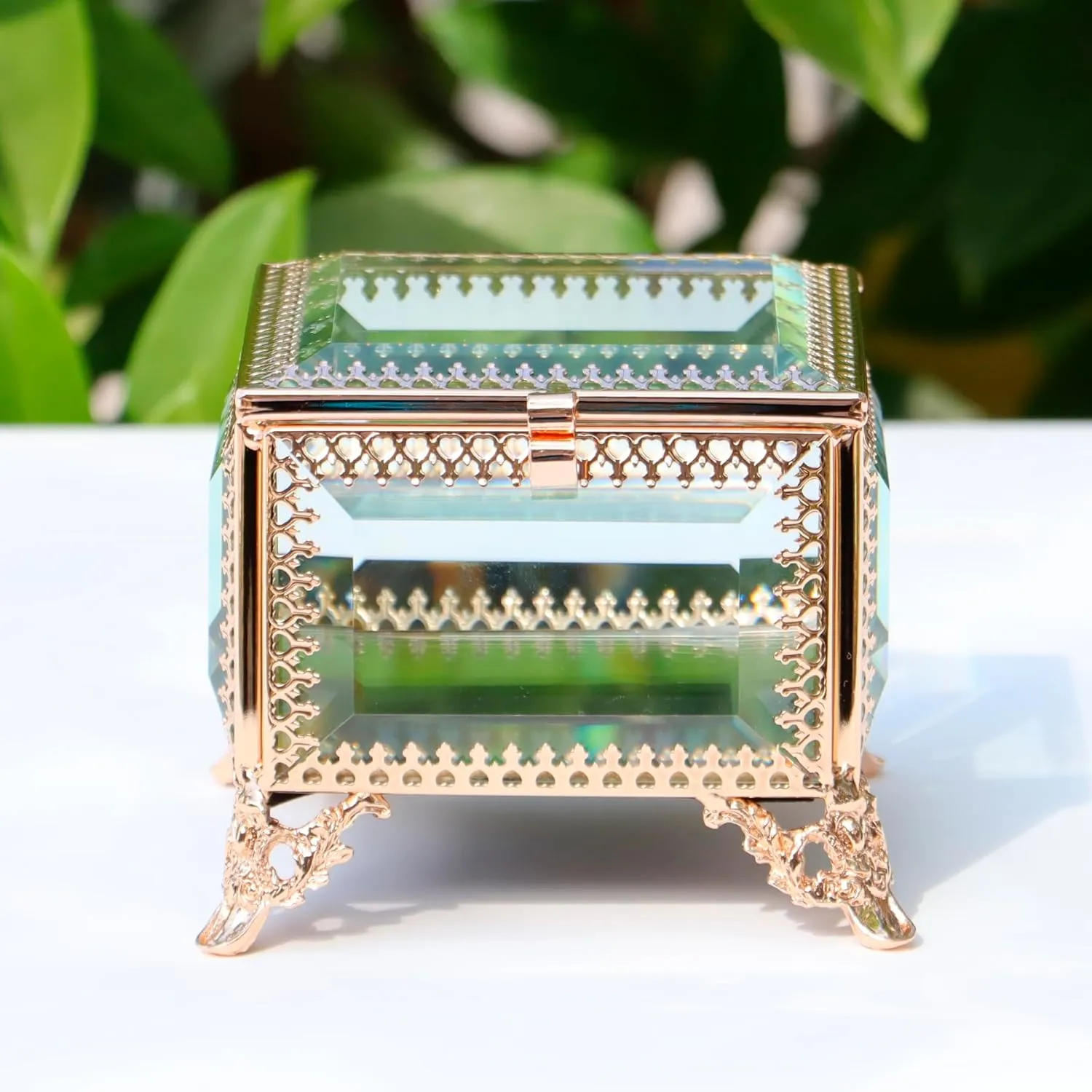 Square vintage Glass Jewelry Box, Jewelry Ring, Bracelet, Souvenir Metal Display Box, Transparent Storage Box.(3.8x3.8x3.4Inches)