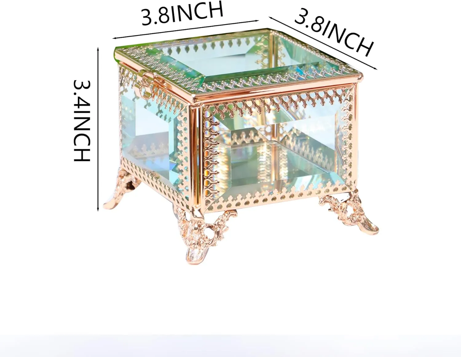 Square vintage Glass Jewelry Box, Jewelry Ring, Bracelet, Souvenir Metal Display Box, Transparent Storage Box.(3.8x3.8x3.4Inches)