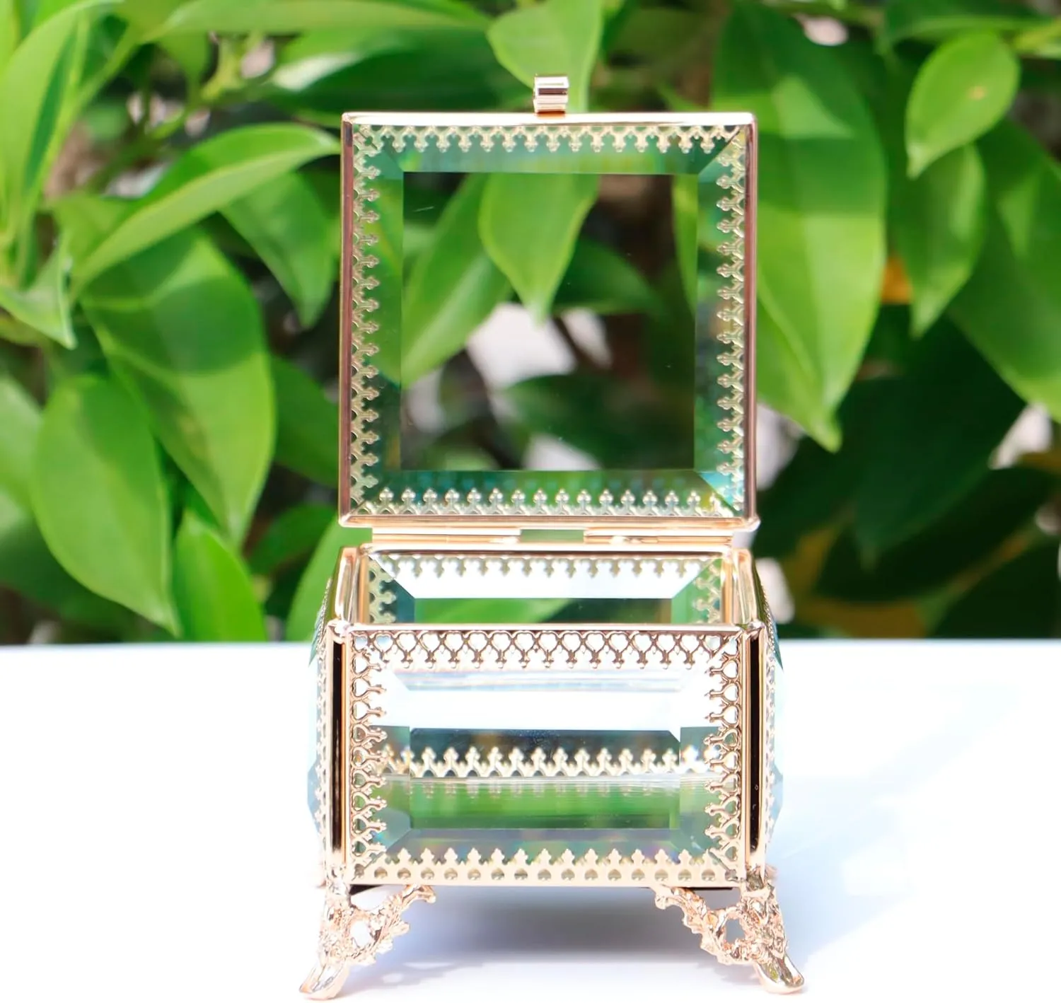 Square vintage Glass Jewelry Box, Jewelry Ring, Bracelet, Souvenir Metal Display Box, Transparent Storage Box.(3.8x3.8x3.4Inches)