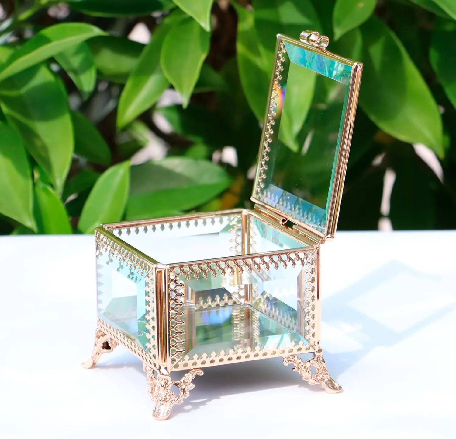 Square vintage Glass Jewelry Box, Jewelry Ring, Bracelet, Souvenir Metal Display Box, Transparent Storage Box.(3.8x3.8x3.4Inches)