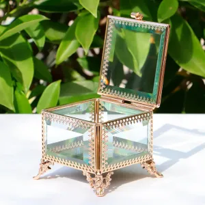 Square vintage Glass Jewelry Box, Jewelry Ring, Bracelet, Souvenir Metal Display Box, Transparent Storage Box.(3.8x3.8x3.4Inches)