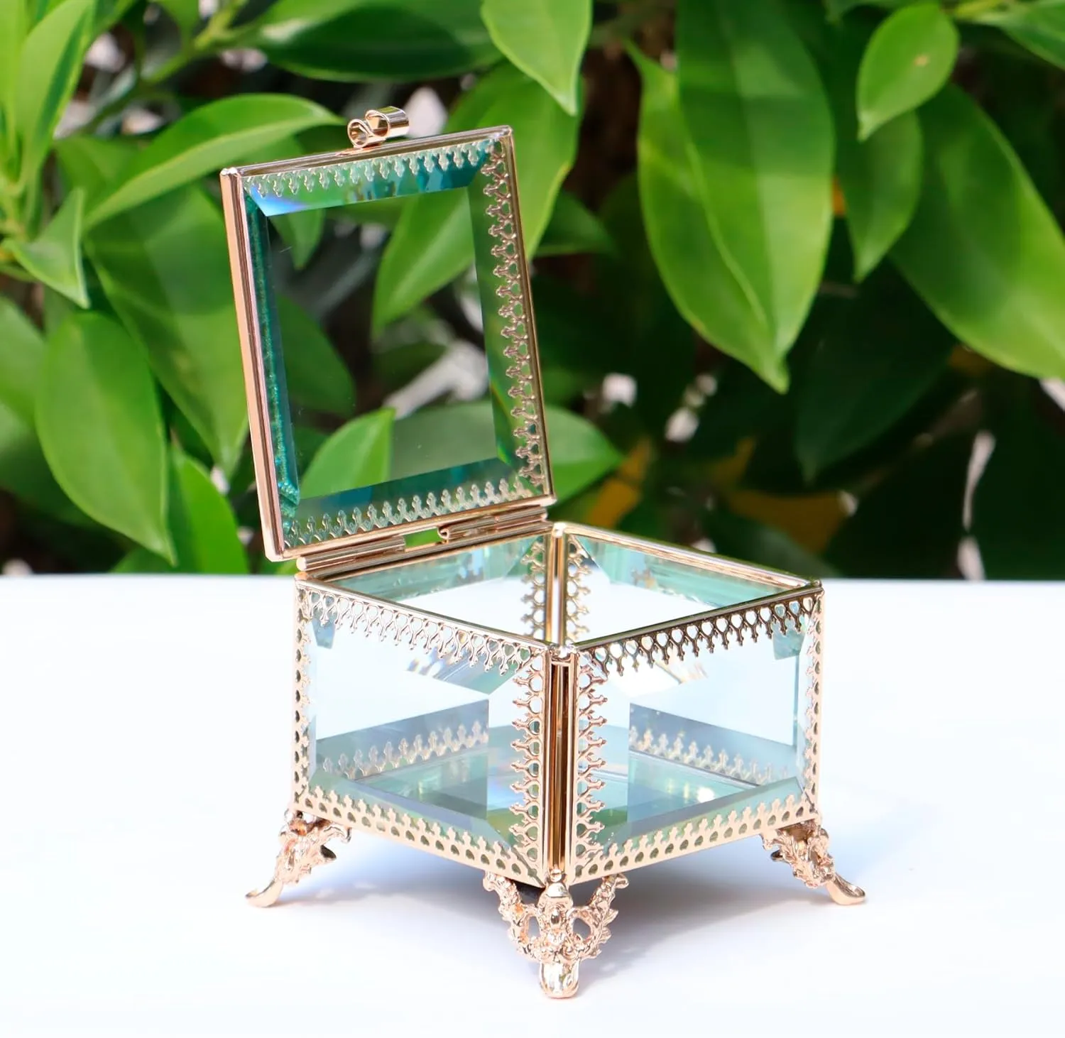 Square vintage Glass Jewelry Box, Jewelry Ring, Bracelet, Souvenir Metal Display Box, Transparent Storage Box.(3.8x3.8x3.4Inches)