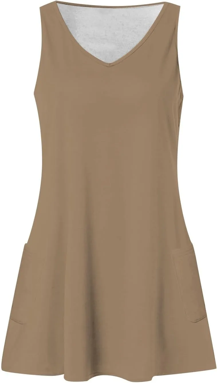 Summer Dresses for Women 2025 Vacation Beach Mini Dress V Neck Sleeveless Swing Tank Sundresses with Pockets