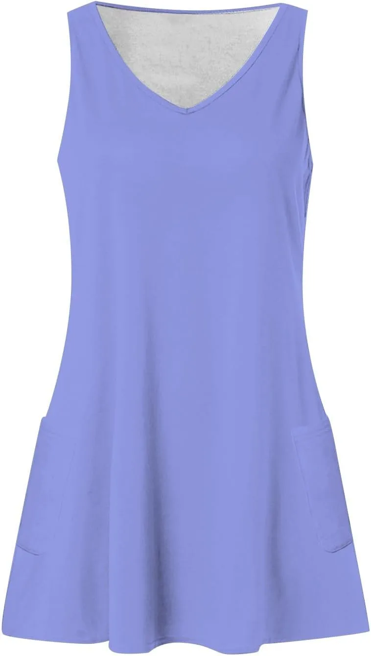 Summer Dresses for Women 2025 Vacation Beach Mini Dress V Neck Sleeveless Swing Tank Sundresses with Pockets