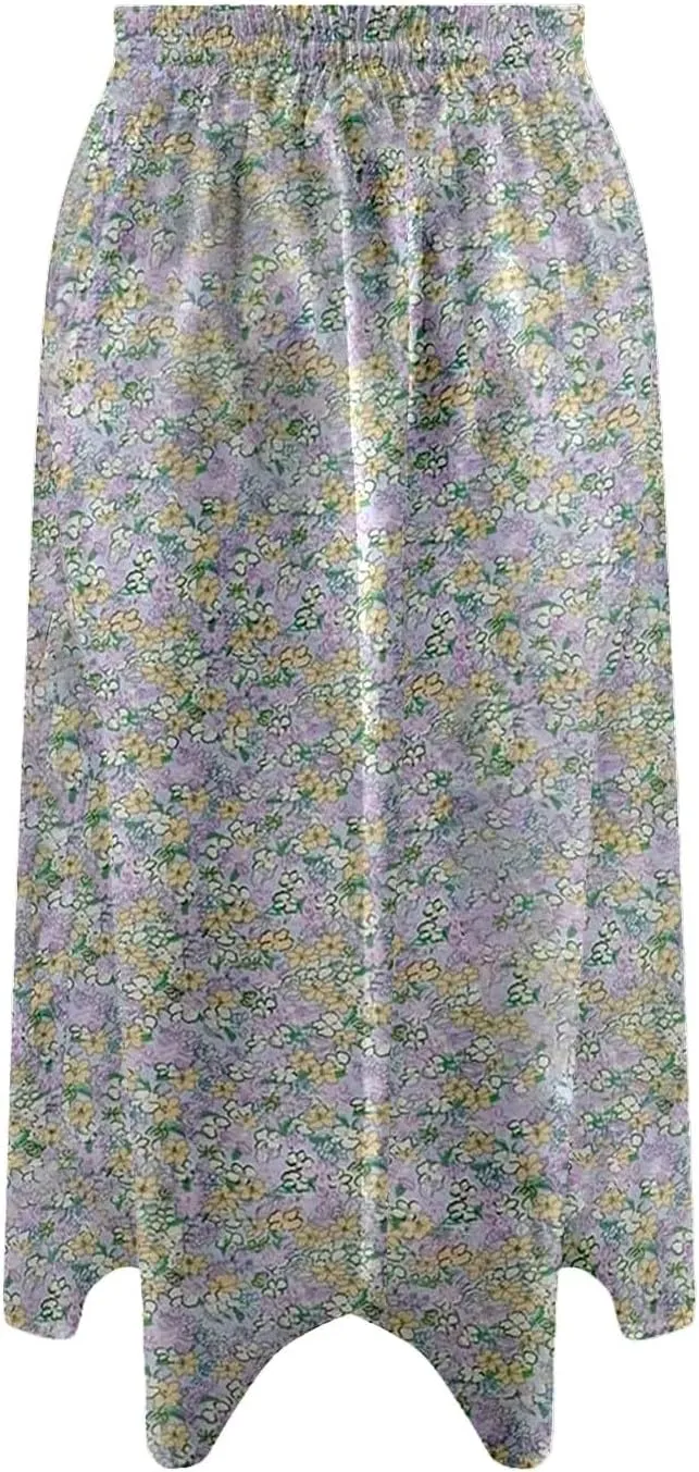 Summer Skirt for Women Casual Vacation Bohemian High Elastic Waist A-Line Trendy Pleated Midi Skirts with Pockets