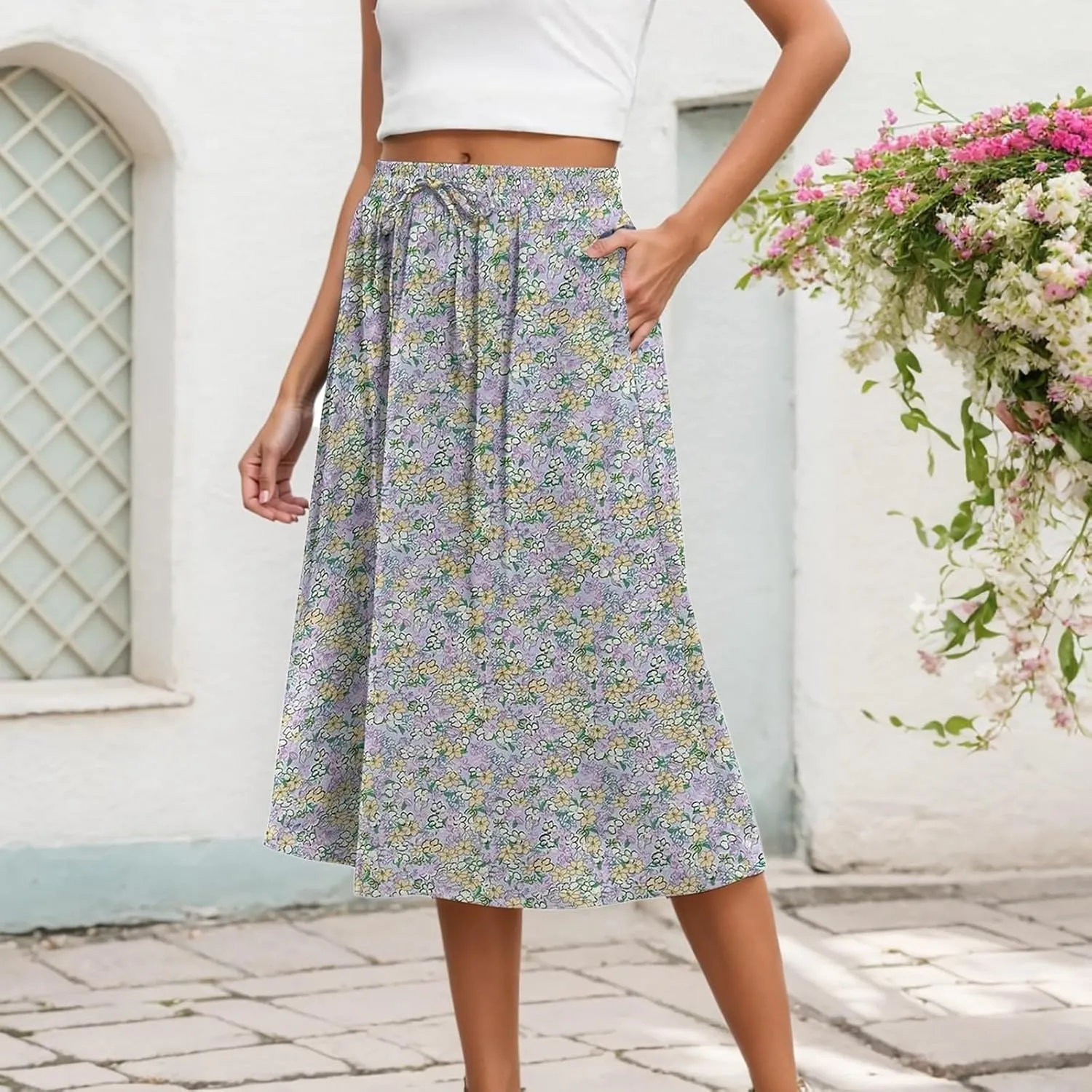 Summer Skirt for Women Casual Vacation Bohemian High Elastic Waist A-Line Trendy Pleated Midi Skirts with Pockets