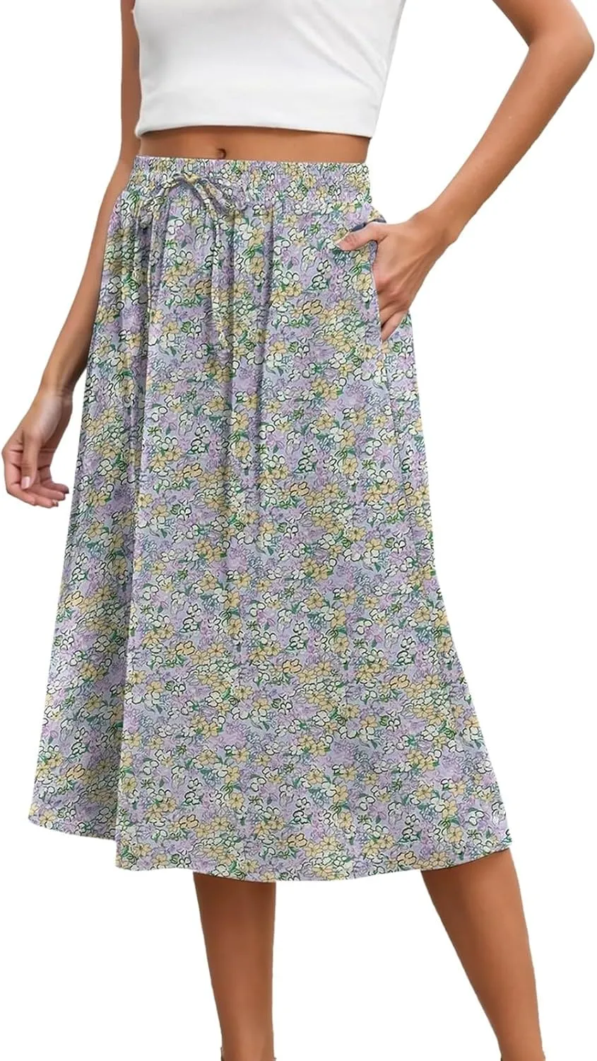 Summer Skirt for Women Casual Vacation Bohemian High Elastic Waist A-Line Trendy Pleated Midi Skirts with Pockets