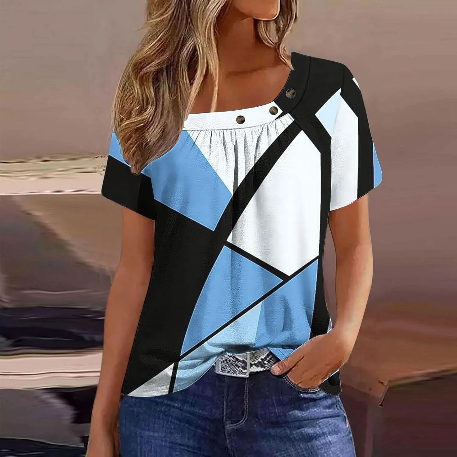 Summer Tops for Women 2025 Trendy Short Sleeve Shirt Boho Floral Tshirt Pleated Front Button Square Neck Tunic Blouse