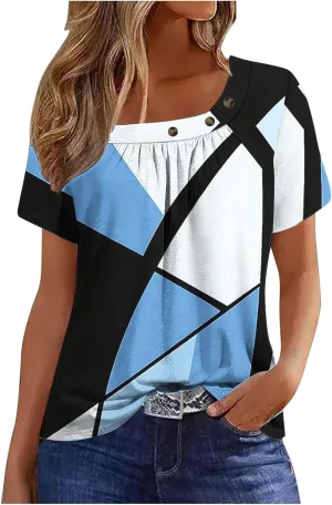 Summer Tops for Women 2025 Trendy Short Sleeve Shirt Boho Floral Tshirt Pleated Front Button Square Neck Tunic Blouse