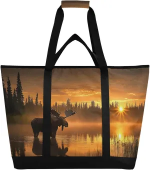 Sunset Moose Landscape Large Insulated Tote Bag for Grocery Shopping Reusable Tote Bags for Women Men, Cooler Bag with Zippered Top & Handles for Beach Picnic Travel