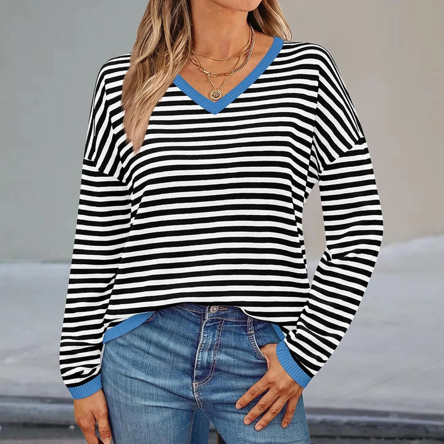 Sweatshirts for Women Crewneck Cable Long Sleeve Striped Colorblock Knit Casual Sweater Lightweight Tunic Tops