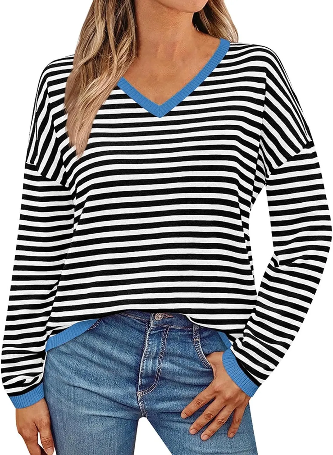Sweatshirts for Women Crewneck Cable Long Sleeve Striped Colorblock Knit Casual Sweater Lightweight Tunic Tops