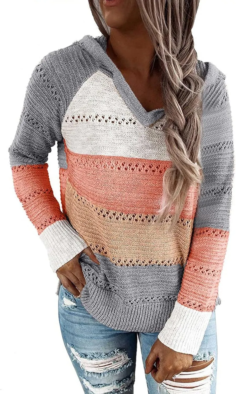 Sweatshirts for Women Sweaters for Women 2023 Womens Pullover Hooded Sweatshirts Color Block Long Sleeve Tops