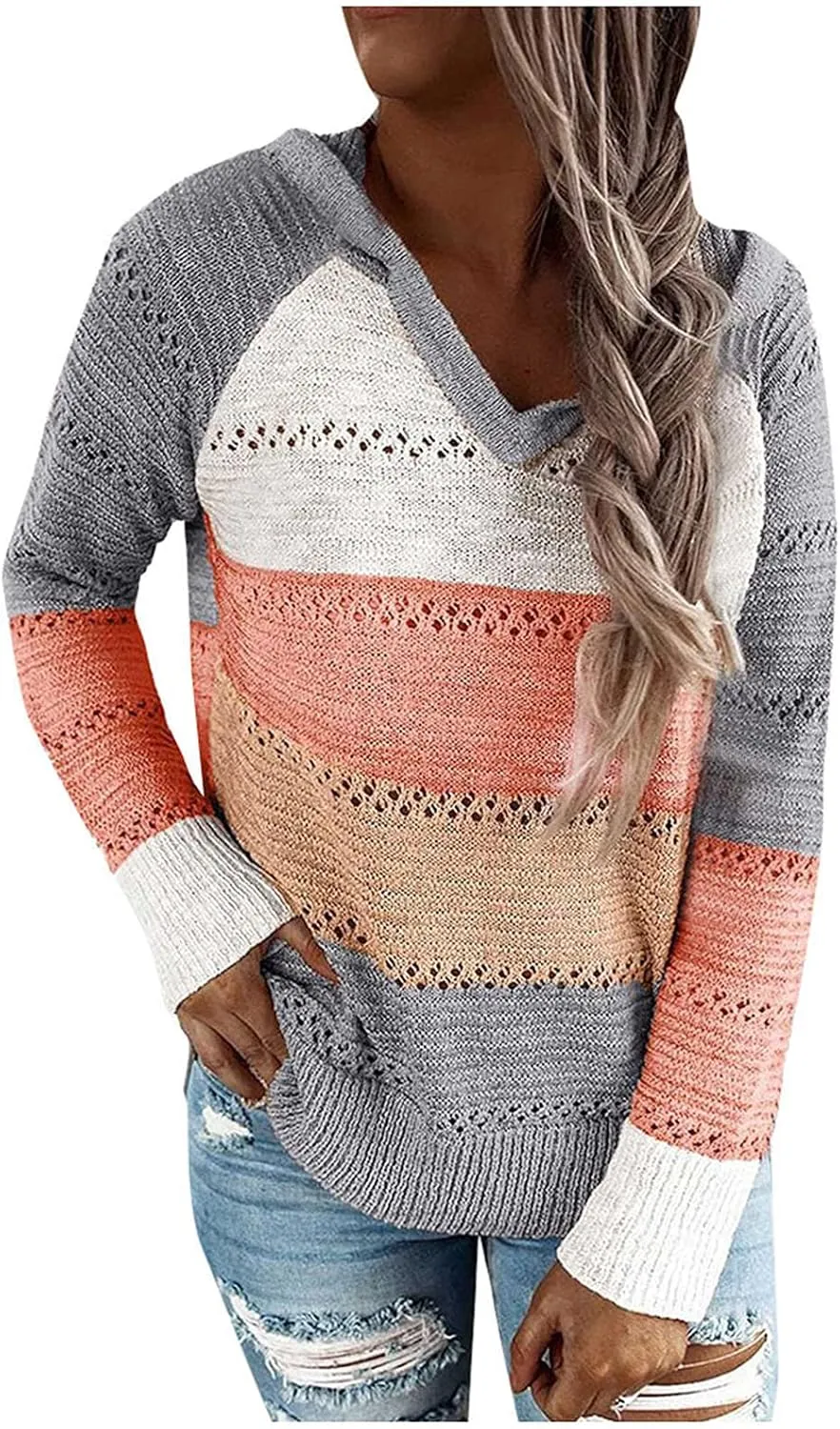 Sweatshirts for Women Sweaters for Women 2023 Womens Pullover Hooded Sweatshirts Color Block Long Sleeve Tops
