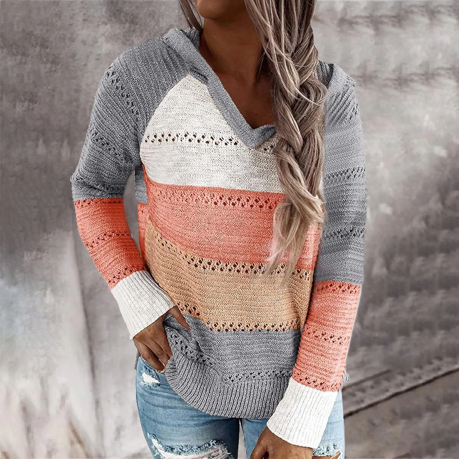 Sweatshirts for Women Sweaters for Women 2023 Womens Pullover Hooded Sweatshirts Color Block Long Sleeve Tops