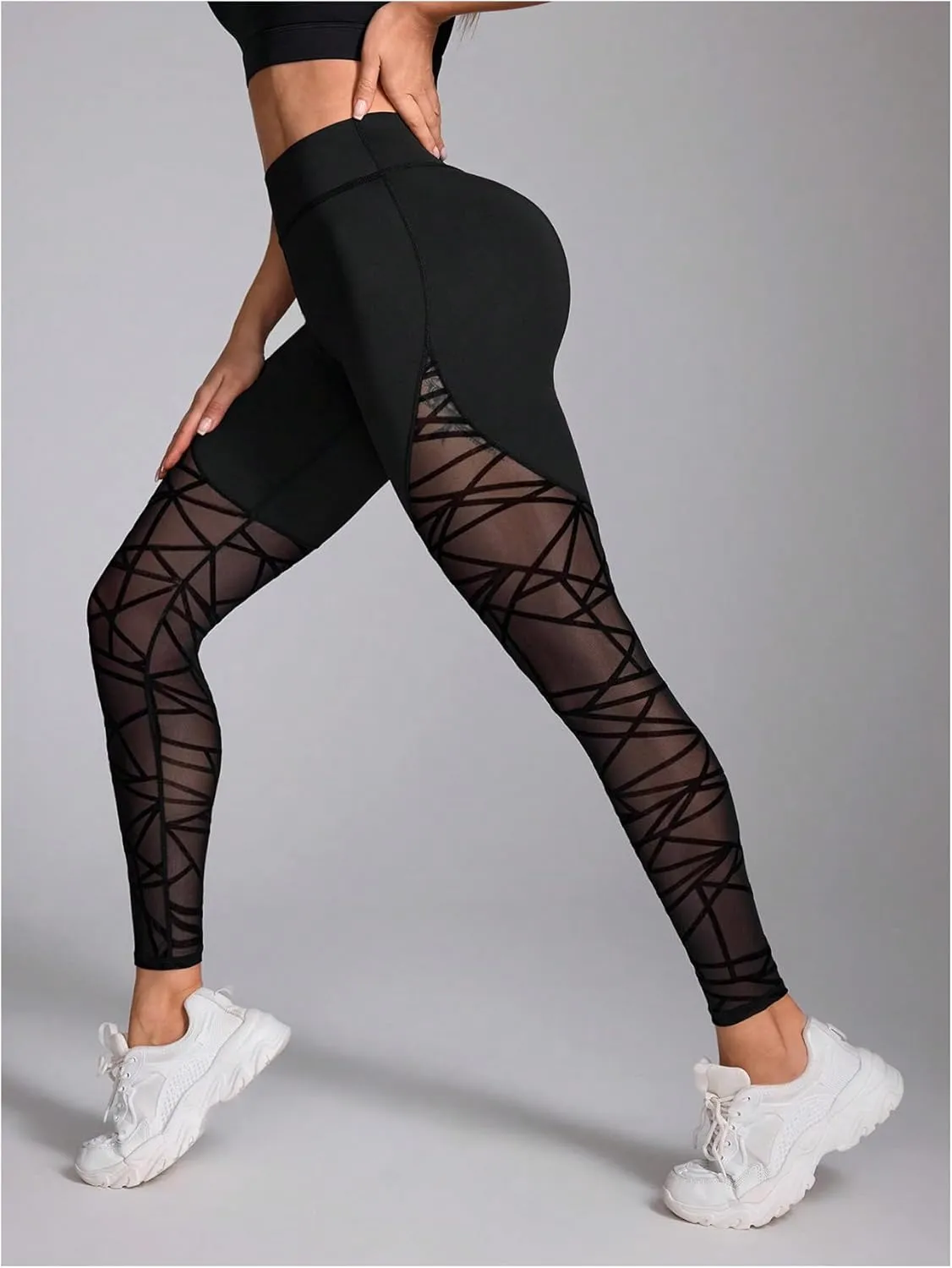 SweatyRocks Women's High Waist Workout Yoga Geometric Mesh Seamless Leggings Pants