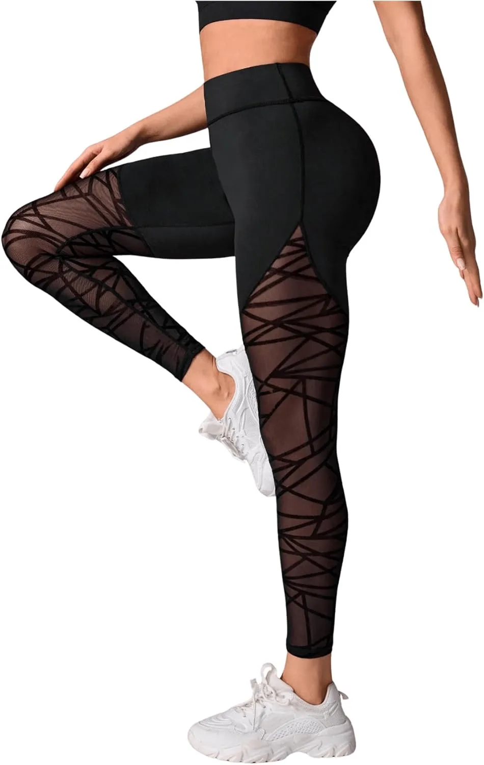 SweatyRocks Women's High Waist Workout Yoga Geometric Mesh Seamless Leggings Pants