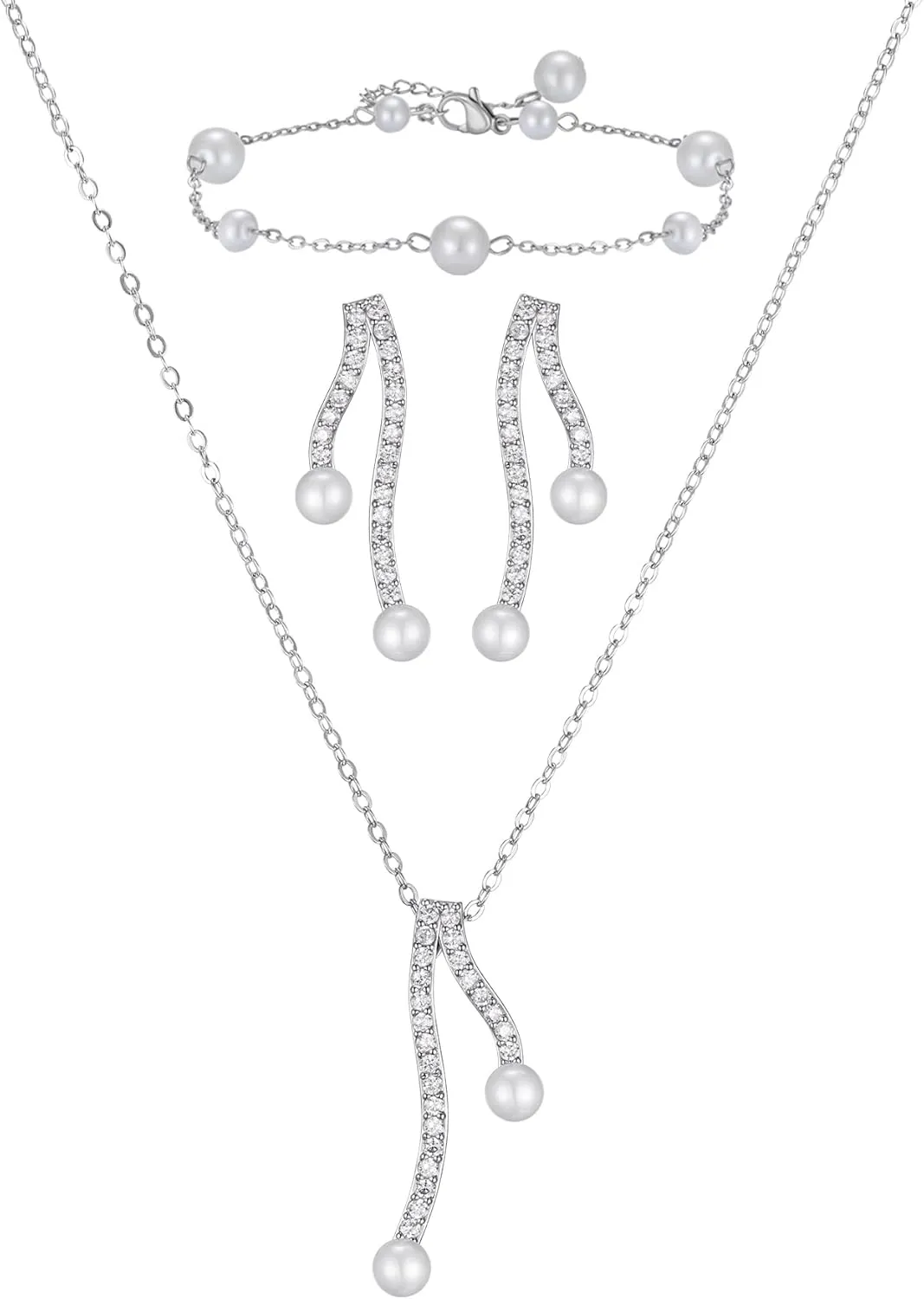 SWEETV Pearl Bridal Jewelry Set for Wedding, Bow Necklace and Earring Sets for Women Bridal Bridesmaid, Cubic Zirconia Silver Jewelry Set Wedding Prom Anniversary Jewelry Gifts