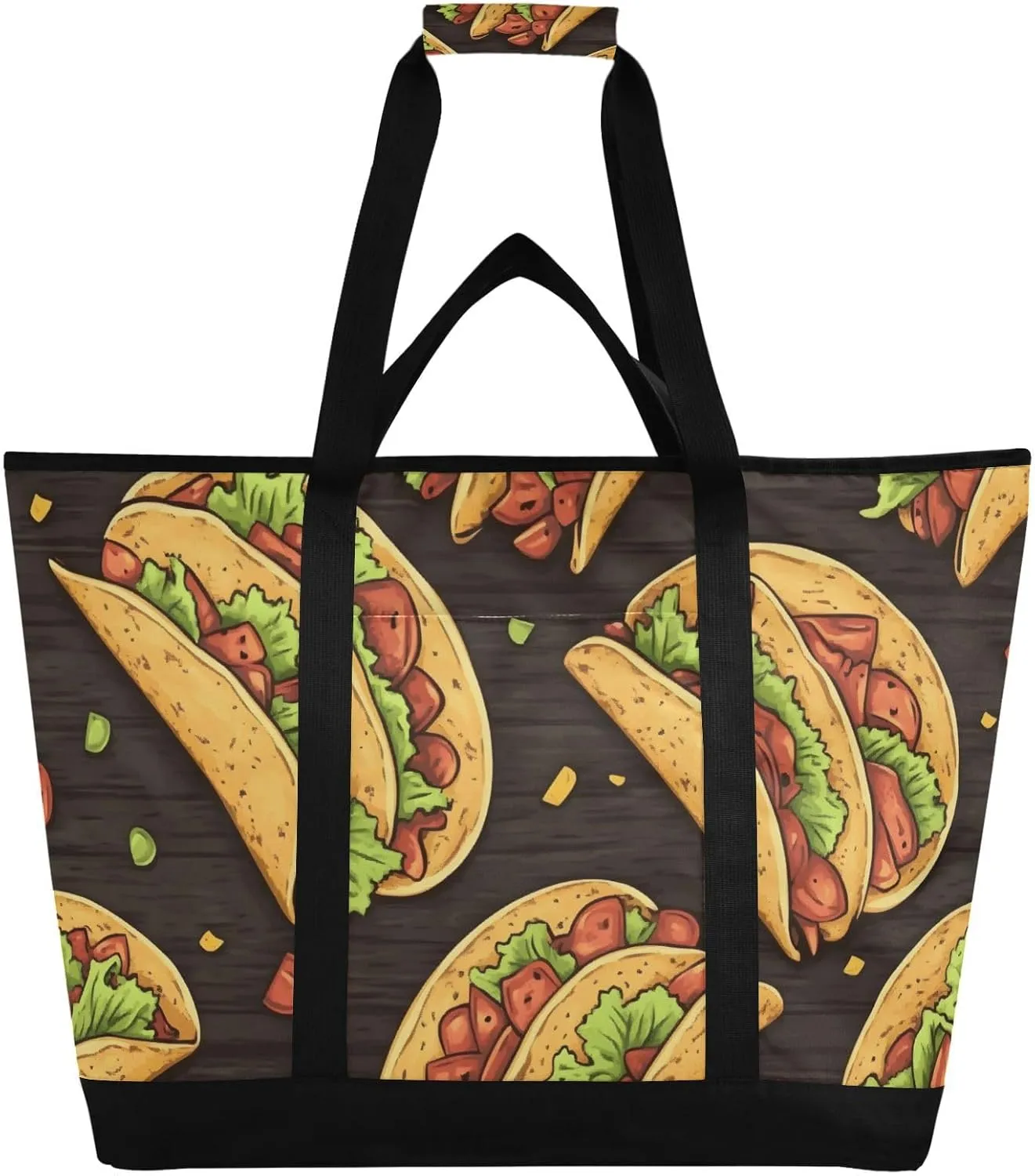 Taco Food Orange Large Insulated Tote Bag for Grocery Shopping Reusable Tote Bags for Women Men, Cooler Bag with Zippered Top & Handles for Beach Picnic Travel