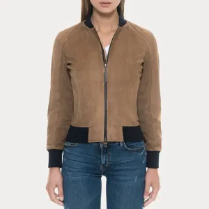 Tan Suede Bomber Jacket with Black Rib Knit Collar & Cuffs