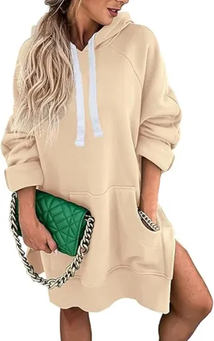 The Warmy Oversized Hoodie Dress Women, Long Sleeve Pullover, Split Hem with Pocket