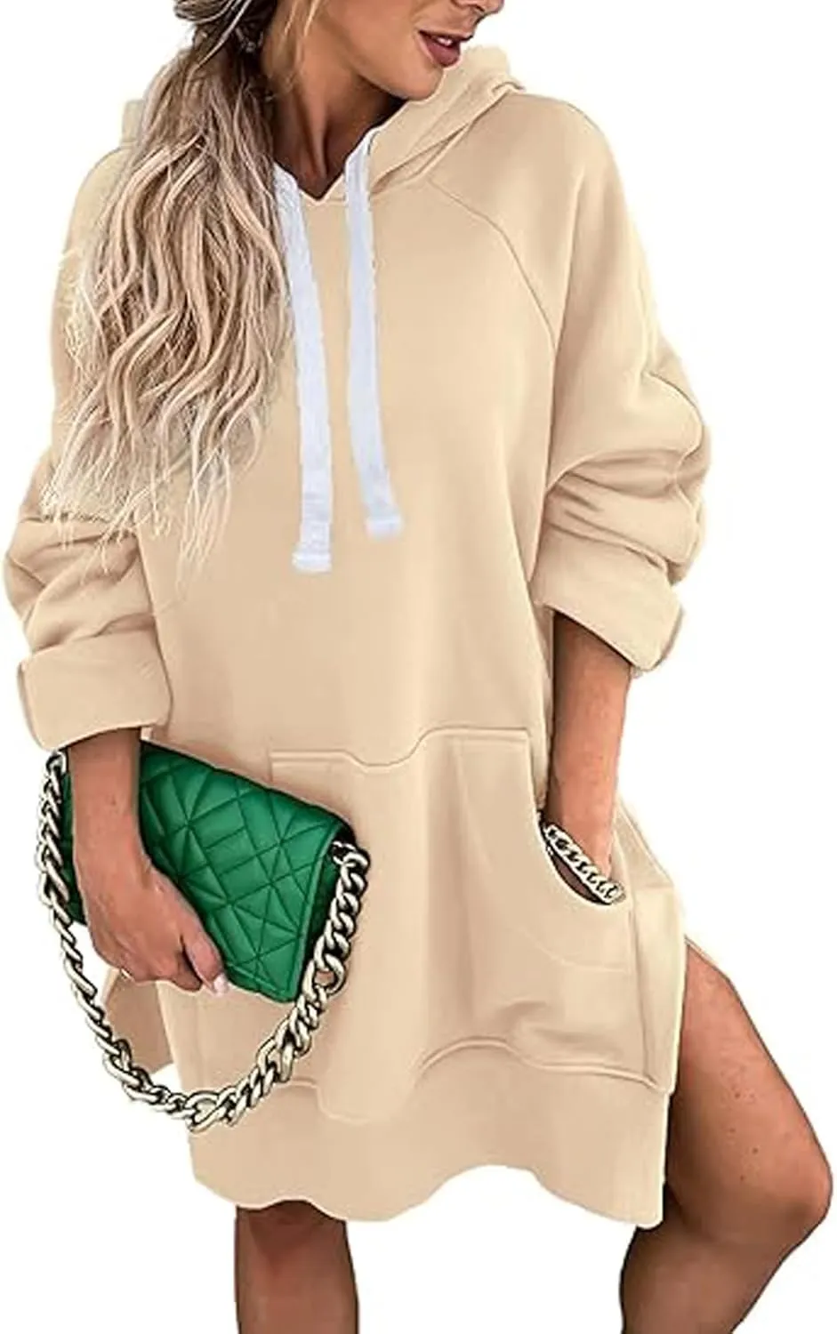 The Warmy Oversized Hoodie Dress Women, Long Sleeve Pullover, Split Hem with Pocket