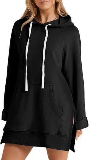 The Warmy Oversized Hoodie Dress Women, Long Sleeve Pullover, Split Hem with Pocket