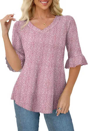 Tralilbee Women's Plus Size 3/4 Sleeve Tunic Tops V-Neck Casual Blouses Loose Fit Tunic Shirts, L-4XL