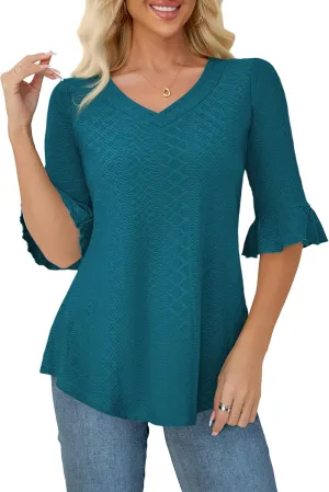 Tralilbee Women's Plus Size 3/4 Sleeve Tunic Tops V-Neck Casual Blouses Loose Fit Tunic Shirts, L-4XL